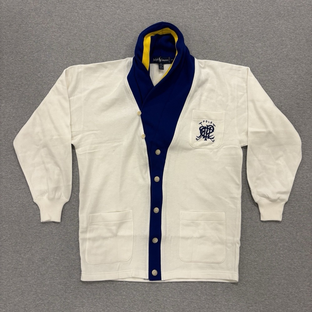 Vintage Ralph Lauren Shawl-Collar Cardigan Mens Size M White Blue Preppy Varsity